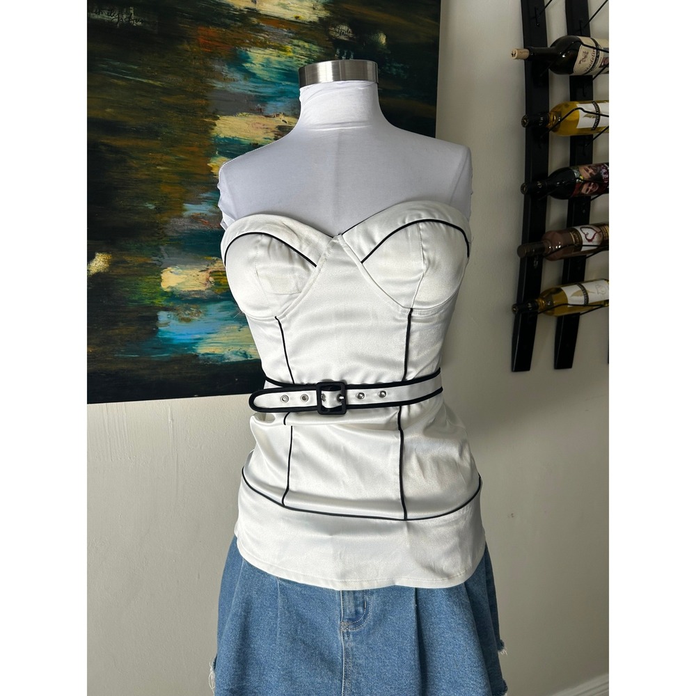 Mandee Corset Top Medium White Black Piping Belted Strapless Bustier